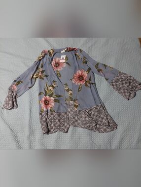 Parc & Lex Light Blue Floral Kimono Cardigan with Pink Blooms